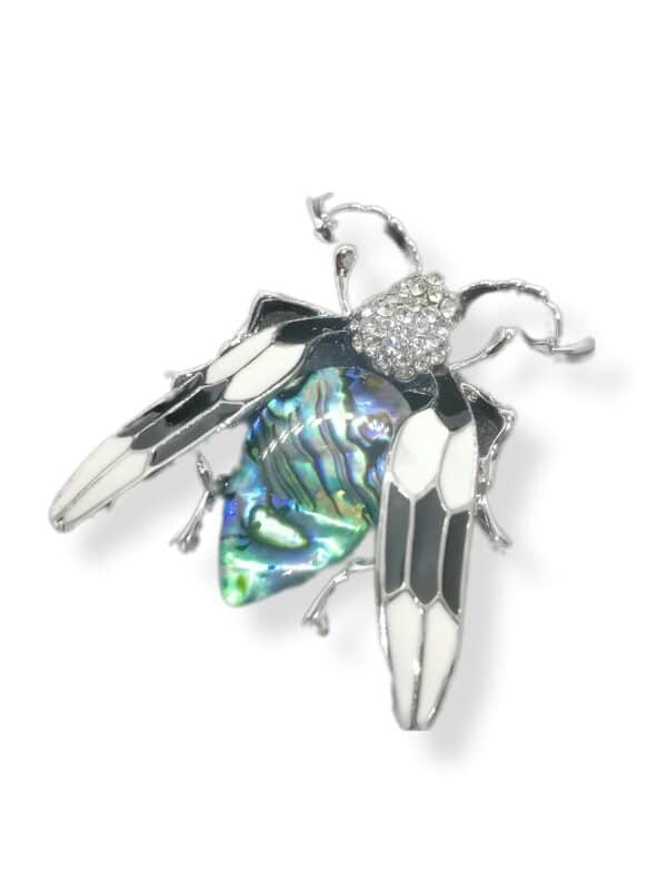 Beetle Brooch with Mother of pearl and crystals 40x48mm white scaled