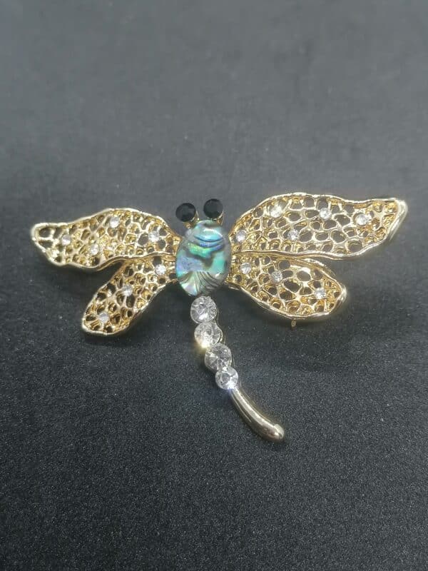 Dragonfly Brooch with Mother of pearl and crystals 70x43mm scaled