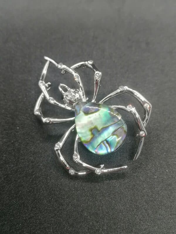 Green Spider Brooch with Mother of pearl and crystals 37x46mm scaled