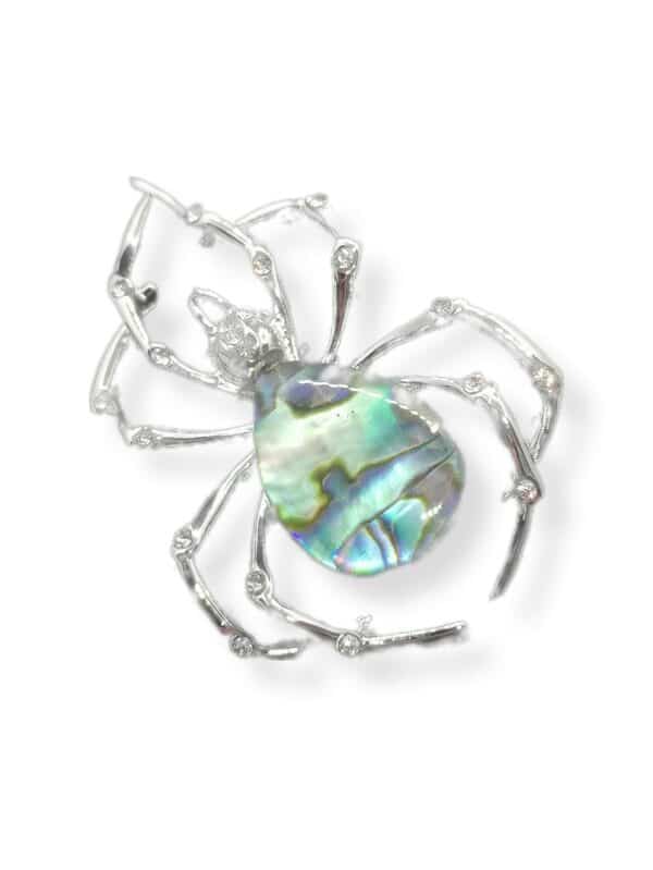 Green Spider Brooch with Mother of pearl and crystals 37x46mm white scaled