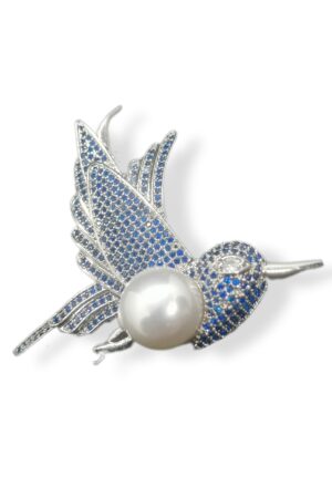 Hummingbird Brooch with Zircon stones and white pearl 50x45mm white