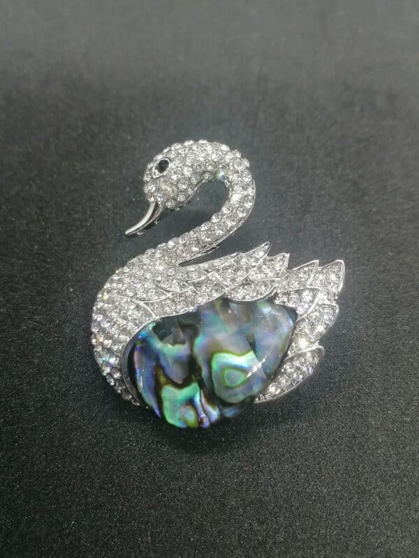 Swan Brooch with Mother of pearl and cristals 40x45mm scaled