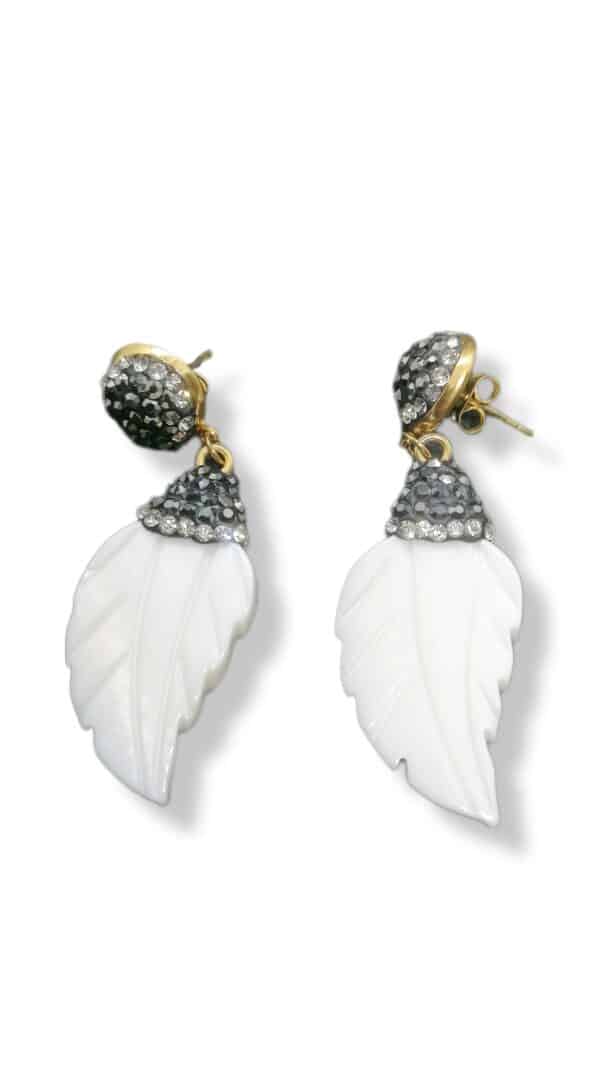White Leaf Earrings with Mother of pearl and crystals 1 scaled